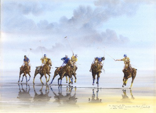 “Polo on the Beach II” Watercolour on paper, 10.5 x 15 inches, Inscribed, Signed & Dated ’92 | Provenance: The Winston Guest Collection