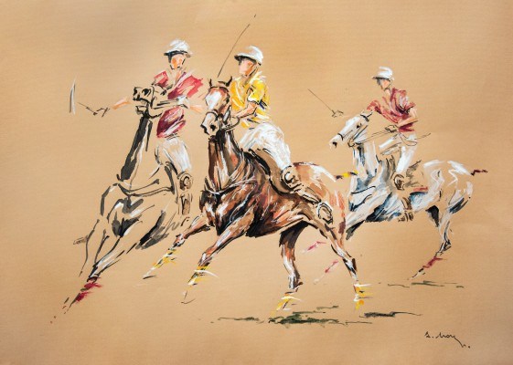 Alejandro Moy, Argentinian Contemporary, “Three Players, 6th Chukker” Acrylic and Ink on paper, 20 x 28 inches, Signed | Provenance: Chisholm Gallery, LLC | Appraised Valuation: $4,500 | Condition: Mint, Needs Matting and Framing