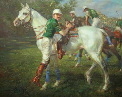 “Gonzalo Pieres ‘La Espadana’, Argentine Open, 1986” Oil on canvas, 31 x 38 inches, Signed