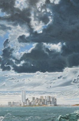 “Dramatic Sky Over Manhattan From The Staten Island Ferry in 1982” Oil on panel, 24 x 16 inches, Signed