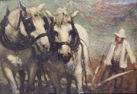“The Ploughing Team” Oil on panel, 9.5 x 14 inches, 18 x 22 inches, Signed lower right