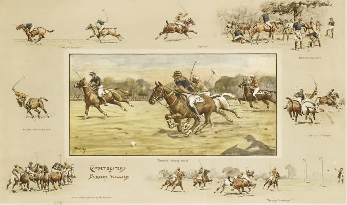 “Carpet Beaters vs. Bobbery Wallahs” c. 1930, Coloured lithograph, 17.7 x 27.8 inches (45 x 70.5 cm), Embossed Snaffles bit stamp on the mount, Rare & Scarce | Central figure is Lord Mountbatten. A similar print hangs at his home, Broadlands in Hampshire.