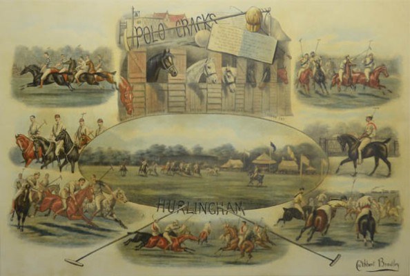 “Polo Cracks, Hurlingham Fores” London: July 2, 1888, Hand-colored lithograph, 18.75 x 27.75, Border: 25.25 x 34 inches, Signed lower right
