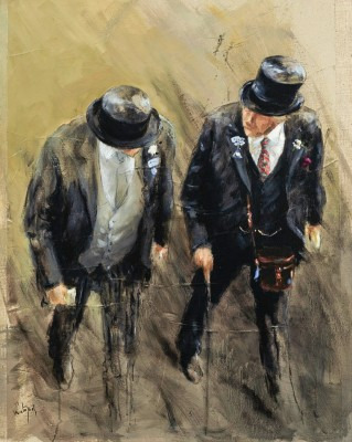 “Gentleman at Ascot” Mixed media on canvas, 32 x 25.5 inches, Signed