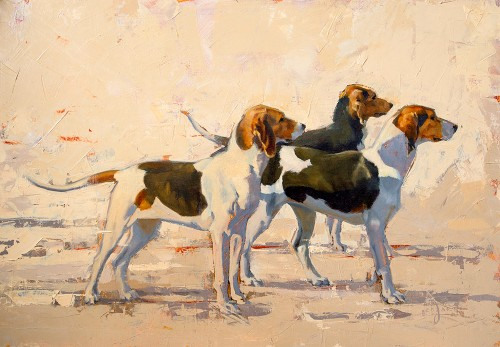 “Three Hounds” Oil on panel, 17 x 24 inches, Signed