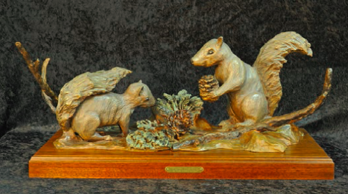 “Winter Hoarding” Two characteristic squirrels preparing their winter feast. Available in bronze finish or colored patina (L.E.) Signature Edition (L.E.) Special Artist Proof 28”L X 12” W X 12” T