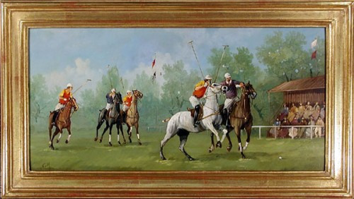 “Polo Scene I” Edwardian Polo Scenes (c. 1984) Oil on copper, 8 x 15.75 inches, 22k gold leaf frame with brown crackle sides: 10.5 x 18 inches, Signed