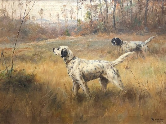 “Two Dogs in the Field” Oil on canvas, 22 x 29 inches (31.5 x 38.5 framed), Signed & Dated 1919 lower right