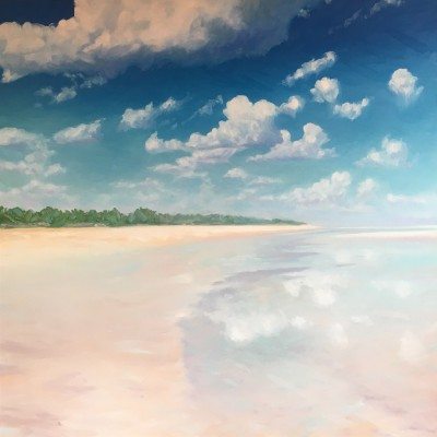 “Cloudy reflections I” Oil on canvas, 36 x 36 inches, Signed