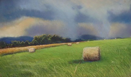 "Haybales In A Summer Storm" Pastel on paper, Signed F. Pieter Lefferts 2006, Sudden Skies series