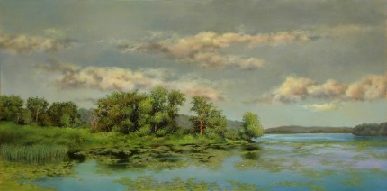 "Bontecou Lake" 2013, Oil on panel, 12 x 24 inches, Signed lower left: Carolyn H Edlund