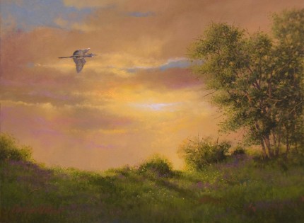 "Great Blue Passing" 2012, Oil on panel, 9 x 12 inches, Signed lower left: Carolyn H Edlund