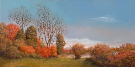 "Pond at Wethersfield" 2008, Oil on canvas, 15 x 30 inches, Signed and dated lower left: Carolyn H Edlund 2008