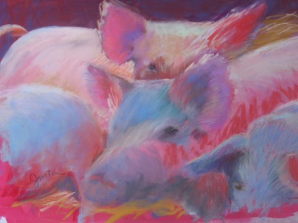 "Pigs in Crowd" pastel on paper, 21 x 27 inches