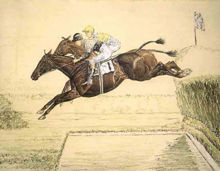 "The Water - The Aiken Hunters Steeplechase" Pastel and ink
, 19 ½ x 12 inches, Framed:
29 x 22 inches, Signed and dated 1933
, Provenance: The Sporting Gallery & Bookshop, Inc. New York