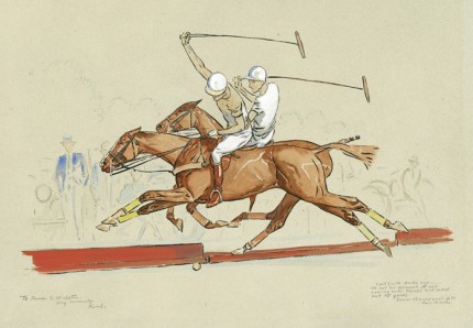 "Cecil Smith backs one" Watercolour and mixed media, 13 x 19 inches, Signed, Inscribed, Lower right: "Cecil Smith backs one – He put his opponent off wall coming onto boards and backed ball 75 yards. Junior Championship, 1933, Paul Brown" Dedication lower left: "To Gunnar C. Wilster, Very sincerely, Paul” N/A