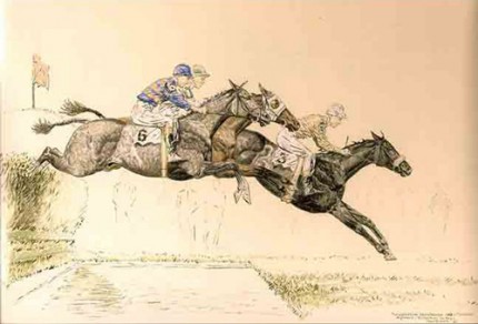 "The Water - The Corinthian Steeplechase" Pastel and Ink
, 12 x 19 ½ inches, Framed: 22 x
29 inches
, Signed, Inscribed and dated 1934
, Provenance: The Sporting Gallery & Bookshop, Inc.