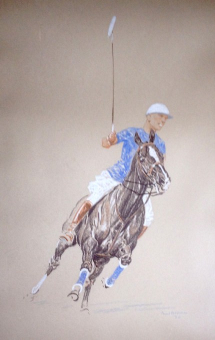 "Polo Player in Blue" Mixed media, 16 x 9 inches, Framed: 22 x 15 inches, Signed, Dated: 1930, Lower right