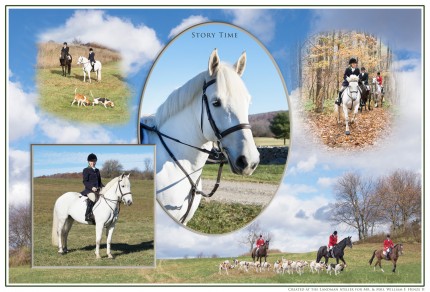“Ella and Story Time” A set of portraits for Mr. & Mrs. William F. Henze II's home in Aiken. Inspired by English hunt prints. The second set of portraits that I've produced for these wonderful clients. Their now retired horses, Pierre and Henry, have portraits are hanging in their home in Millbrook. In all of the pictures I combined landscape hunt images taken on their property during a meet, formal portraits or each horse and action photos hunting. 