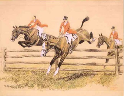 "The Last Fence at Meadowbrook" Pastel and ink,
13 x 19 ¾ inches,
Framed: 22 x 28 inches
, French mat,
Hogarth frame,
Signed and dated 1928, Provenance: The Sporting Gallery & Bookshop, Inc. New York