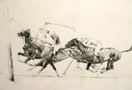"Left Backhander and a Hook" International Polo Argentina vs USA (Copa de las Americas) in 1928, Dry point etching, 8 x 8 ½ inches, Signed and dated 1928