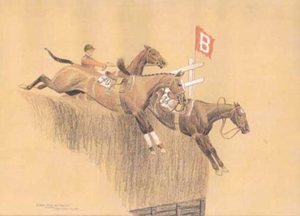 "Loose Ones at Breechers - Aintree" Color pencil and white heightening, 10 x 14 ½ inches, Signed, Inscribed and dated 1928