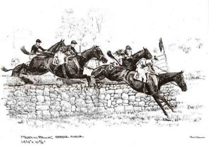 "Meadow Brook Steeple Chase at Ambrose Clark Estate, Broad Hollow, Old Westbury, Long Island" Dry point etching, 14.25 x 10.38 inches,
Signed in pencil,
Provenance: The Sporting Gallery & Bookshop, Inc. New York