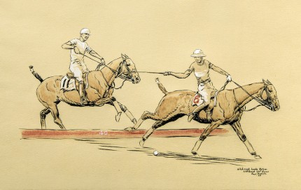 “Hitchcock hooks Nelson - 2nd Period, 2nd Game” International Polo Argentina vs. USA (Copa de las Americas) in 1928, Watercolour on paper over traces of black ink, heightened with white, 11 x 17 inches, Inscribed, Signed & Dated ’28, lower right