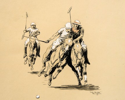 “Take the Man” International Polo Argentina vs. USA (Copa de las Americas) in 1928, Color pencil on paper, heightened with white, 8.5 x 10 inches, Inscribed, Signed & Dated, Paul Brown ’28, lower right