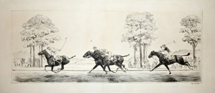 "Polo Game 1930" Dry point etching, 6 x 16 inches, Signed in ink lower right