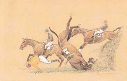 "Springs Tumble - Aintree" Color pencil and white heightening, 10 x 14 ½ inches, Signed, Inscribed and dated 1928