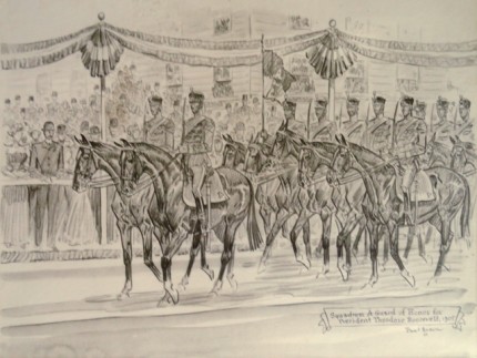"Squadron A Guard of Honor for President Theodore Roosevelt, 1905" Graphite on paper, 9 x 12 ½ inches, Signed, Inscribed, Dated 1947, Lower right