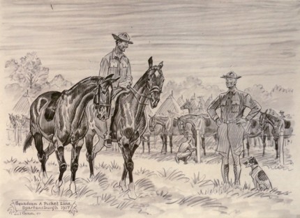 "Squadron A Picket Line, Spartansburgh 1917" Graphite on paper, 9 x 12 ½ inches, Signed, Inscribed, Dated 1947, Lower left