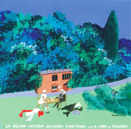 “Queen Victoria Plays ‘Strip-Poker’ with The Pope in Tuscany” Acrylic on panel, 16 x 16 inches, Signed & Inscribed: LA REGINA VICTORIA JIOCANDO ‘STRIP-POKER’ con IL PAPA in TOSCANA | Original Available