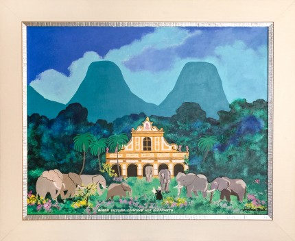 “Queen Victoria Counting Her Elephants” Acrylic on panel, 20 x 25 inches, Signed lower right