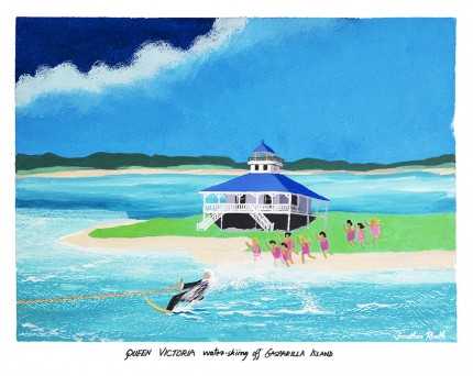 “Queen Victoria water-skiing off Gasparilla Island” Acrylic on panel, 17 x 22 inches, 20 x 24 inches, Signed lower right