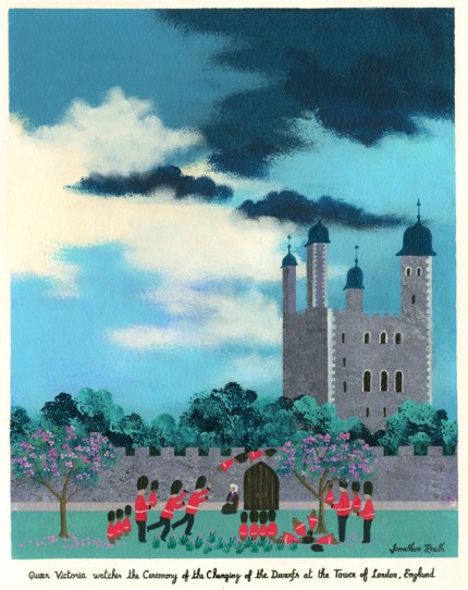 “Queen Victoria watches the Ceremony of the Changing of the Dwarfs at the Tower of London, England” Acrylic on panel, 22 x 18 inches, Signed & Inscribed | Original Available