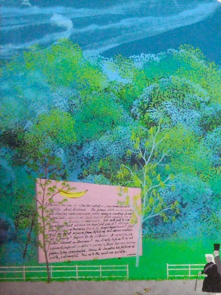 "A picture, this one, of - for this artist - very considerable subtlety. And suspense. The Queen, with an unknown but dignified male companion, walks along a country lane. In her path, relics of the staple product of the country she is visiting. The suspense is unbearable. Will H.M. fail to see the rotting object in a temporary loss of the Royal equilibrium? And yet the artist refrains from depicting this obvious mishap. Out of loyalty? Respect for the old Queen? A regard for, or vested interest in Bananas? No. Simply he fears he is not sufficiently proficient an artist to portray a Royal personage slipping, falling, lying spreadeagled. Hence he describes his picture as subtle, suspenseful. Pass on to the next one quickly." Acrylic on panel, 17 x 13 inches (including frame), Signed and Inscribed