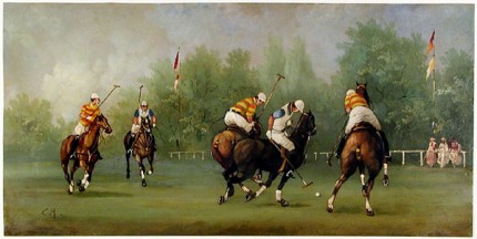 “Polo Scene VII” Edwardian Polo Scenes (c. 1984) Oil on copper, 8 x 15.75 inches, 22k gold leaf frame with brown crackle sides: 10.5 x 18 inches, Signed