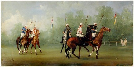 “Polo Scene VIII” Edwardian Polo Scenes (c. 1984) Oil on copper, 8 x 15.75 inches, 22k gold leaf frame with brown crackle sides: 10.5 x 18 inches, Signed