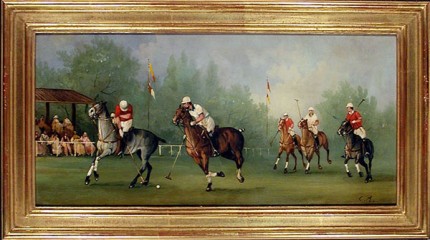 “Polo Scene III” Edwardian Polo Scenes (c. 1984) Oil on copper, 8 x 15.75 inches, 22k gold leaf frame with brown crackle sides: 10.5 x 18 inches, Signed