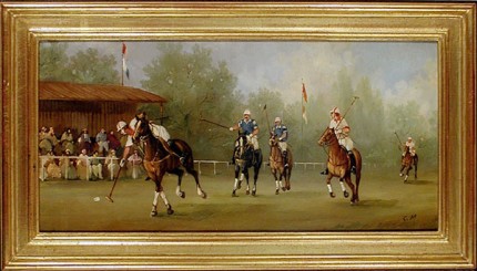 “Polo Scene IV” Edwardian Polo Scenes (c. 1984) Oil on copper, 8 x 15.75 inches, 22k gold leaf frame with brown crackle sides: 10.5 x 18 inches, Signed