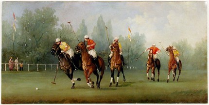 “Polo Scene V” Edwardian Polo Scenes (c. 1984) Oil on copper, 8 x 15.75 inches, 22k gold leaf frame with brown crackle sides: 10.5 x 18 inches, Signed