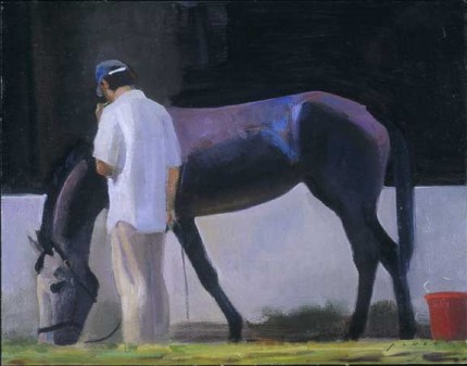 "Groom on a Break" Oil on linen mounted on panel, 11 x 14.5 inches, Signed bottom right