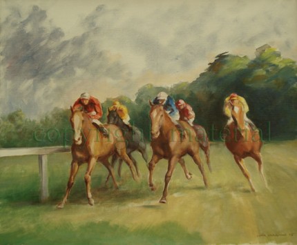 "Round the Turn" Oil on canvas, 21 x 25.5 inches, Signed & Dated lower right: John Skeaping 75