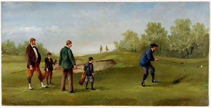 "Edwardian Golf I" (circa 1990) Oil on copper, 8 x 15 ½ inches (including text), 22k gold leaf frame with brown crackle panel: 10 ½ x 18 inches