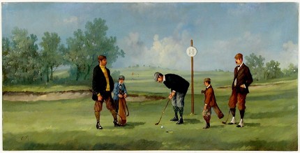 "Edwardian Golf II" (circa 1990) Oil on copper, 8 x 15 ½ inches (including text), 22k gold leaf frame with brown crackle panel: 10 ½ x 18 inches