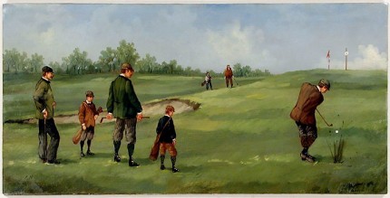 "Edwardian Golf III" (circa 1990) Oil on copper, 8 x 15 ½ inches (including text), 22k gold leaf frame with brown crackle panel: 10 ½ x 18 inches