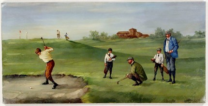 "Edwardian Golf IV" (circa 1990) Oil on copper, 8 x 15 ½ inches (including text), 22k gold leaf frame with brown crackle panel: 10 ½ x 18 inches