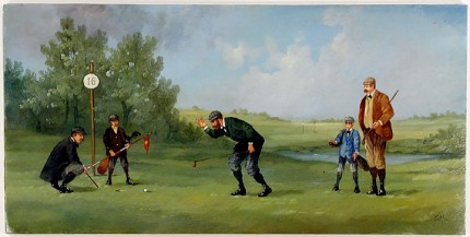 "Edwardian Golf V" (circa 1990) Oil on copper, 8 x 15 ½ inches (including text), 22k gold leaf frame with brown crackle panel: 10 ½ x 18 inches